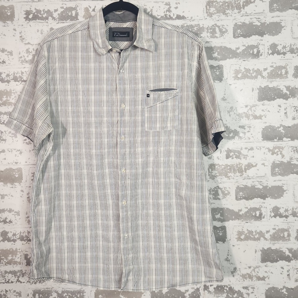 7 Diamonds Button Up Shirt Mens XL White Blue Plaid Short Sleeve Casual Preppy